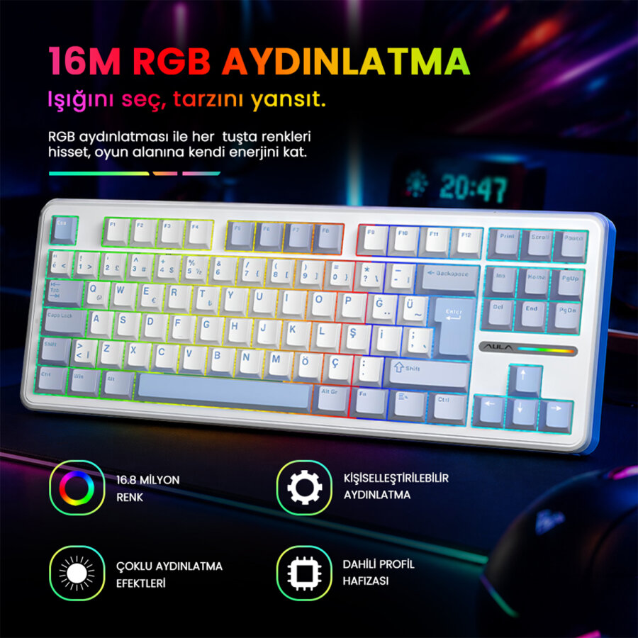 Aula F87 PRO Mekanik RGB TKL GrayWood V4 Switch Kablosuz Makrolu Hot Swap Türkçe Q Klavye Buz Mavisi - 4