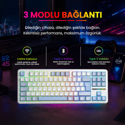 Aula F87 PRO Mekanik RGB TKL GrayWood V4 Switch Kablosuz Makrolu Hot Swap Türkçe Q Klavye Buz Mavisi - 5