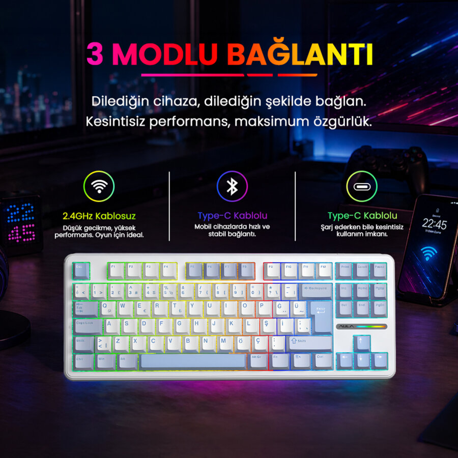 Aula F87 PRO Mekanik RGB TKL GrayWood V4 Switch Kablosuz Makrolu Hot Swap Türkçe Q Klavye Buz Mavisi - 5