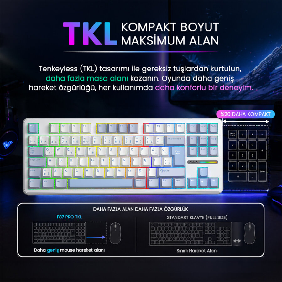 Aula F87 PRO Mekanik RGB TKL GrayWood V4 Switch Kablosuz Makrolu Hot Swap Türkçe Q Klavye Buz Mavisi - 6