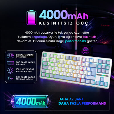 Aula F87 PRO Mekanik RGB TKL GrayWood V4 Switch Kablosuz Makrolu Hot Swap Türkçe Q Klavye Buz Mavisi - 7