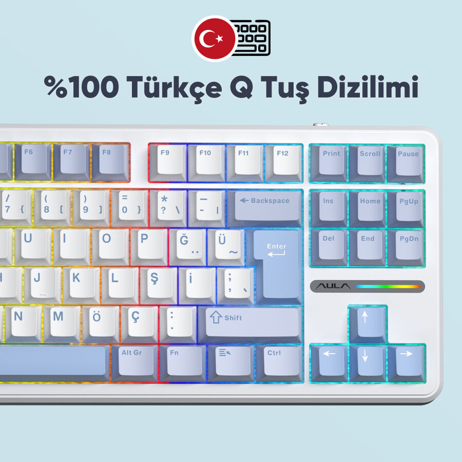 Aula F87 PRO Mekanik RGB TKL GrayWood V4 Switch Kablosuz Makrolu Hot Swap Türkçe Q Klavye Buz Mavisi - 5