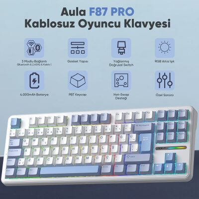 Aula F87 PRO Mekanik RGB TKL GrayWood V4 Switch Kablosuz Makrolu Hot Swap Türkçe Q Klavye Buz Mavisi - 2