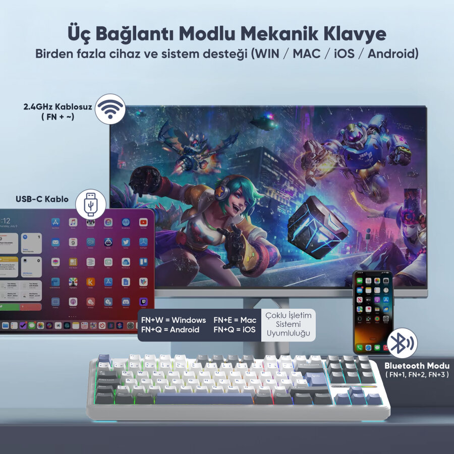 Aula F87 PRO Mekanik RGB TKL GrayWood V4 Switch Kablosuz Makrolu Hot Swap Türkçe Q Klavye Mavi - 3