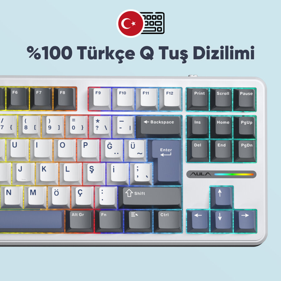Aula F87 PRO Mekanik RGB TKL GrayWood V4 Switch Kablosuz Makrolu Hot Swap Türkçe Q Klavye Mavi - 5