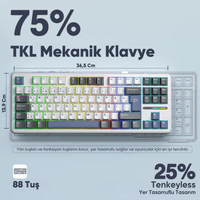 Aula F87 PRO Mekanik RGB TKL GrayWood V4 Switch Kablosuz Makrolu Hot Swap Türkçe Q Klavye Mavi - 4