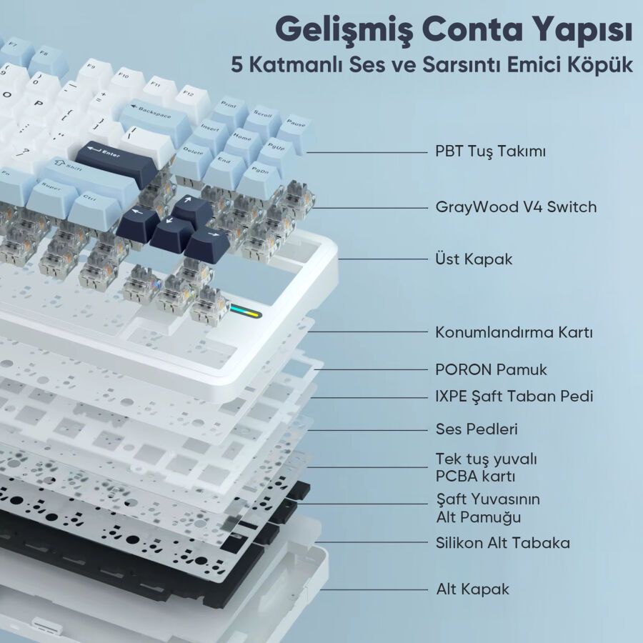 Aula F87 PRO Mekanik RGB TKL GrayWood V4 Switch Kablosuz Makrolu Hot Swap Türkçe Q Klavye Mavi - 6