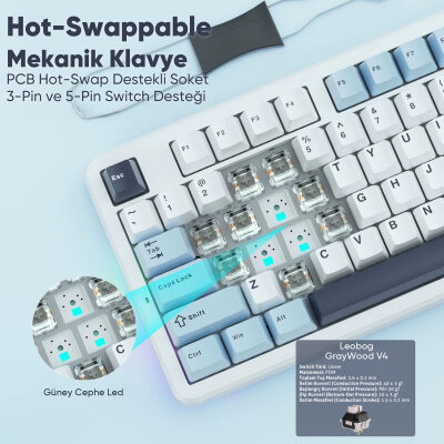 Aula F87 PRO Mekanik RGB TKL GrayWood V4 Switch Kablosuz Makrolu Hot Swap Türkçe Q Klavye Mavi - 7