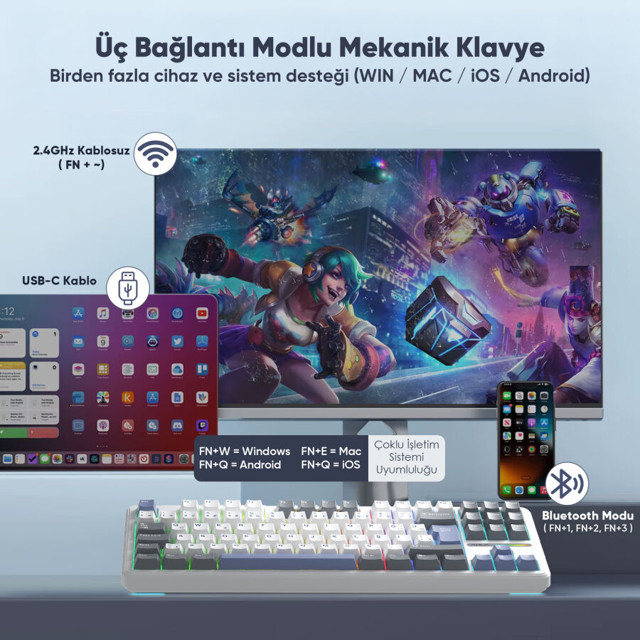 Aula F87 PRO Mekanik RGB TKL GrayWood V4 Switch Kablosuz Makrolu Hot Swap Türkçe Q Klavye Mavi - 3