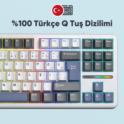 Aula F87 PRO Mekanik RGB TKL GrayWood V4 Switch Kablosuz Makrolu Hot Swap Türkçe Q Klavye Mavi - 5
