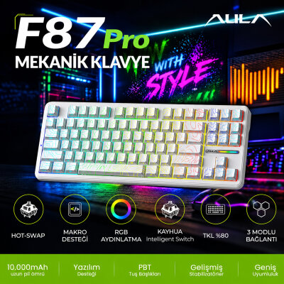 Aula F87 PRO Mekanik RGB TKL Kayhua İntelligent Switch Kablosuz Makrolu Hot Swap Klavye Desenli Beyaz - 2