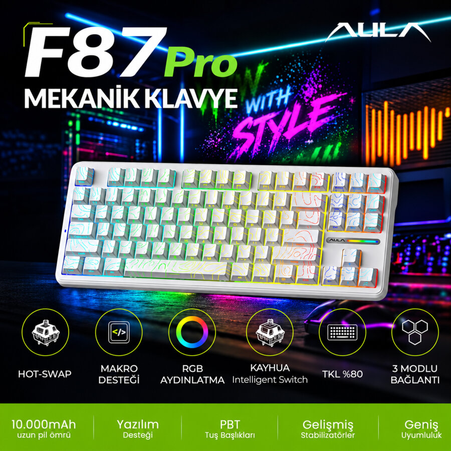 Aula F87 PRO Mekanik RGB TKL Kayhua İntelligent Switch Kablosuz Makrolu Hot Swap Klavye Desenli Beyaz - 2