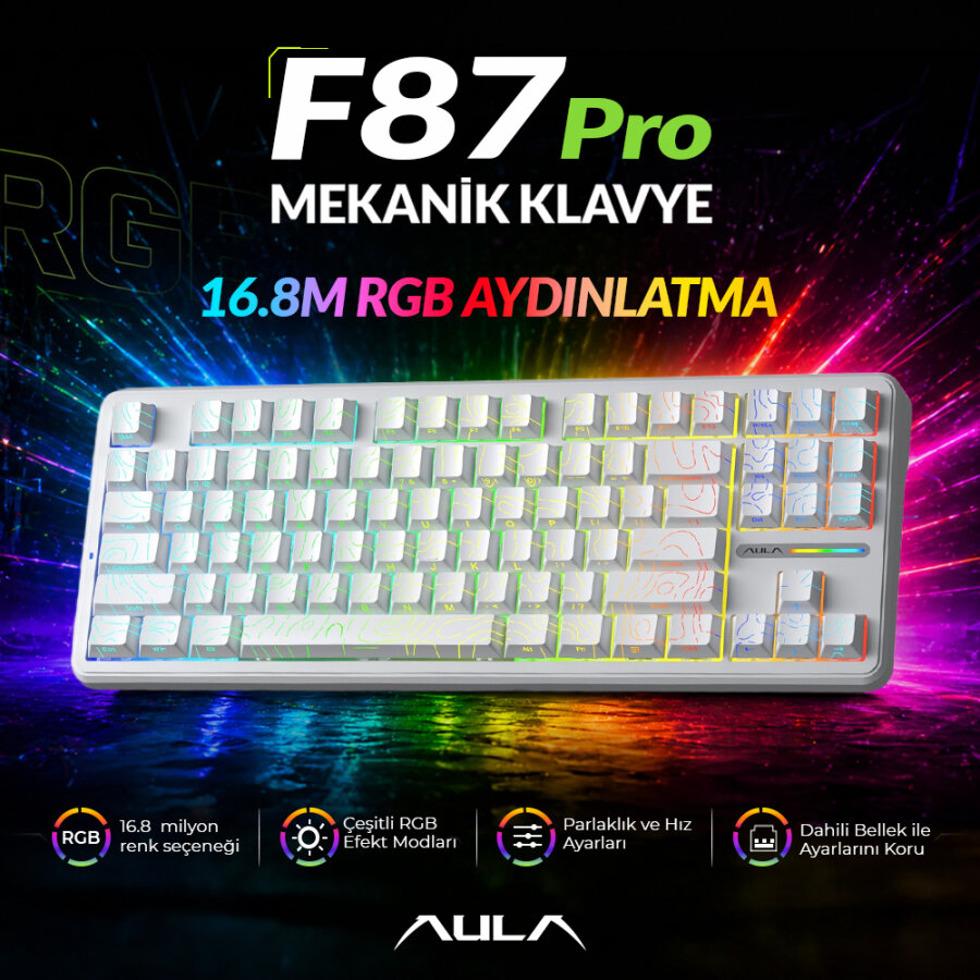 Aula F87 PRO Mekanik RGB TKL Kayhua İntelligent Switch Kablosuz Makrolu Hot Swap Klavye Desenli Beyaz - 3