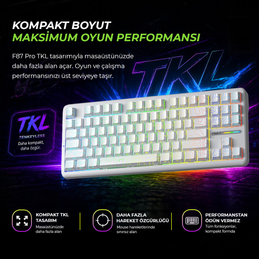 Aula F87 PRO Mekanik RGB TKL Kayhua İntelligent Switch Kablosuz Makrolu Hot Swap Klavye Desenli Beyaz - 4