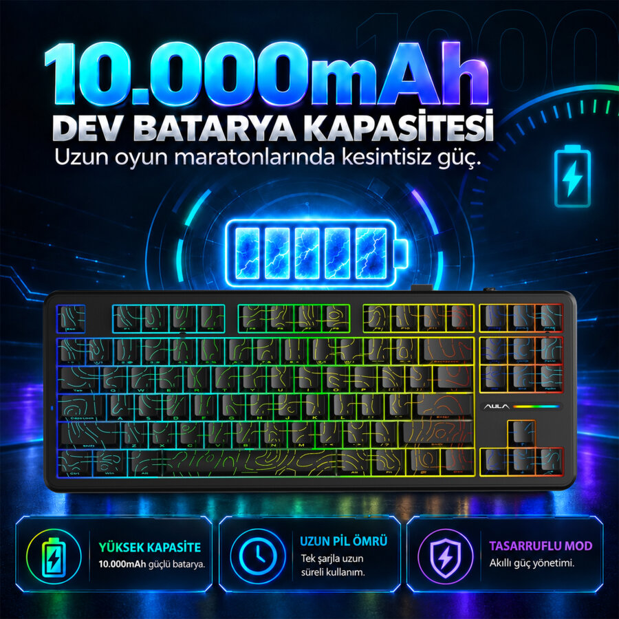 Aula F87 PRO Mekanik RGB TKL Kayhua İntelligent Switch Kablosuz Makrolu Hot Swap Klavye Desenli Beyaz - 6