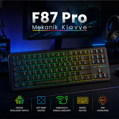 Aula F87 PRO Mekanik RGB TKL Kayhua İntelligent Switch Kablosuz Makrolu Hot Swap Klavye Desenli Siyah - 3