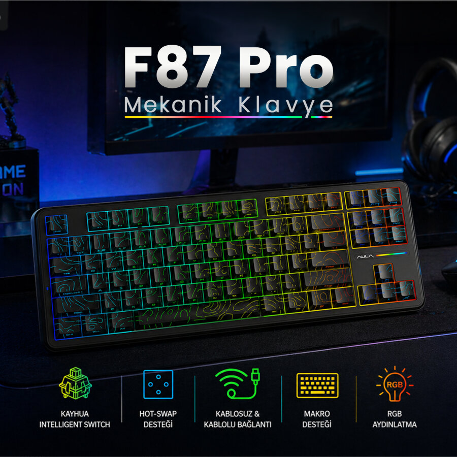 Aula F87 PRO Mekanik RGB TKL Kayhua İntelligent Switch Kablosuz Makrolu Hot Swap Klavye Desenli Siyah - 3