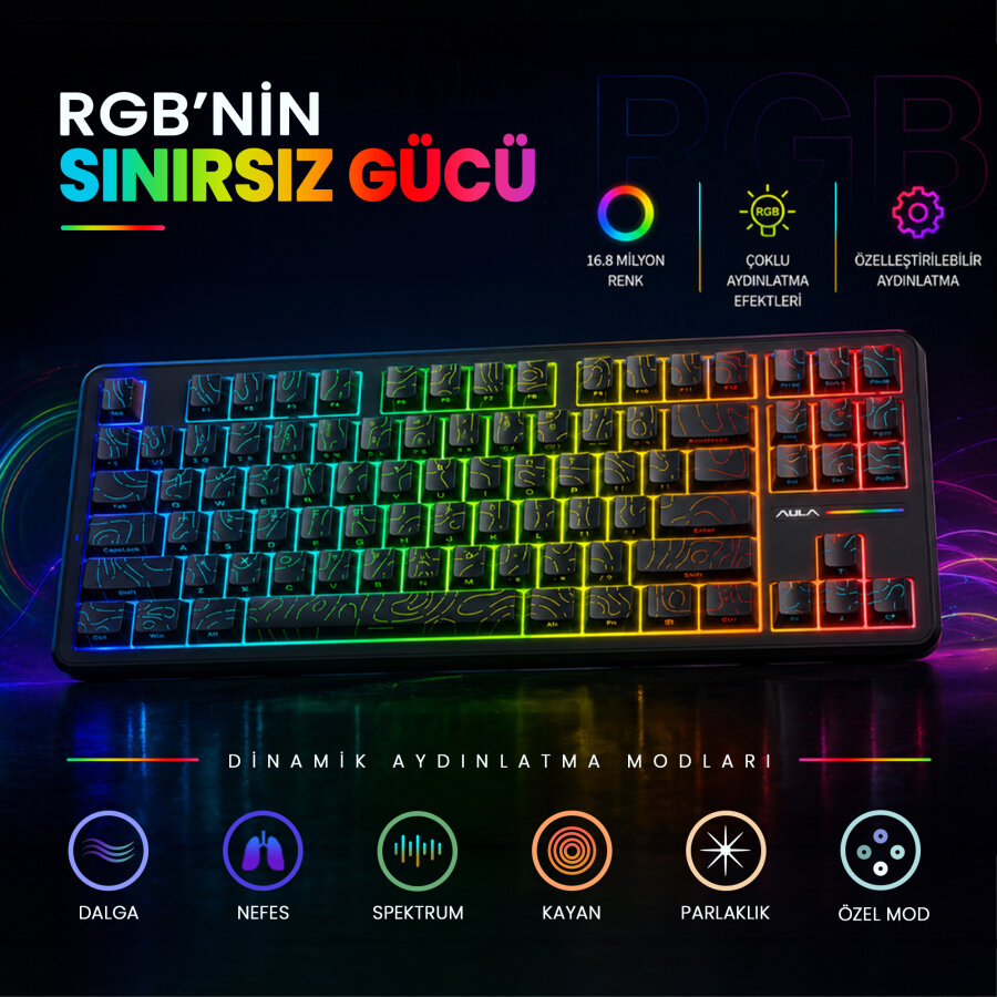Aula F87 PRO Mekanik RGB TKL Kayhua İntelligent Switch Kablosuz Makrolu Hot Swap Klavye Desenli Siyah - 4