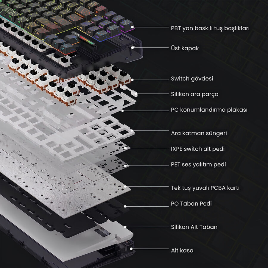 Aula F87 PRO Mekanik RGB TKL Kayhua İntelligent Switch Kablosuz Makrolu Hot Swap Klavye Desenli Siyah - 7
