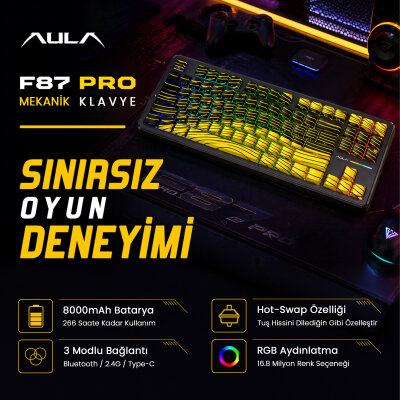 Aula F87 PRO Mekanik RGB TKL Matcha Latte Switch Kablosuz Makrolu Hot Swap Klavye Sarı - 2