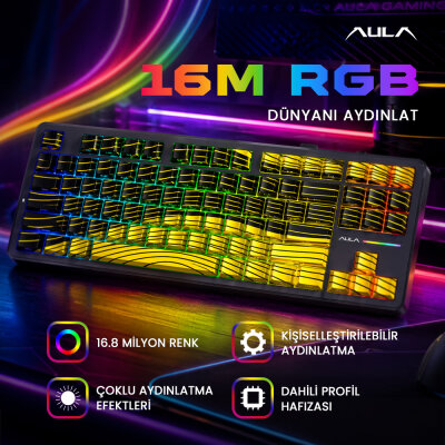 Aula F87 PRO Mekanik RGB TKL Matcha Latte Switch Kablosuz Makrolu Hot Swap Klavye Sarı - 3