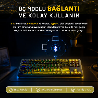 Aula F87 PRO Mekanik RGB TKL Matcha Latte Switch Kablosuz Makrolu Hot Swap Klavye Sarı - 5