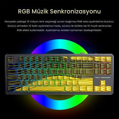 Aula F87 PRO Mekanik RGB TKL Matcha Latte Switch Kablosuz Makrolu Hot Swap Klavye Sarı - 5
