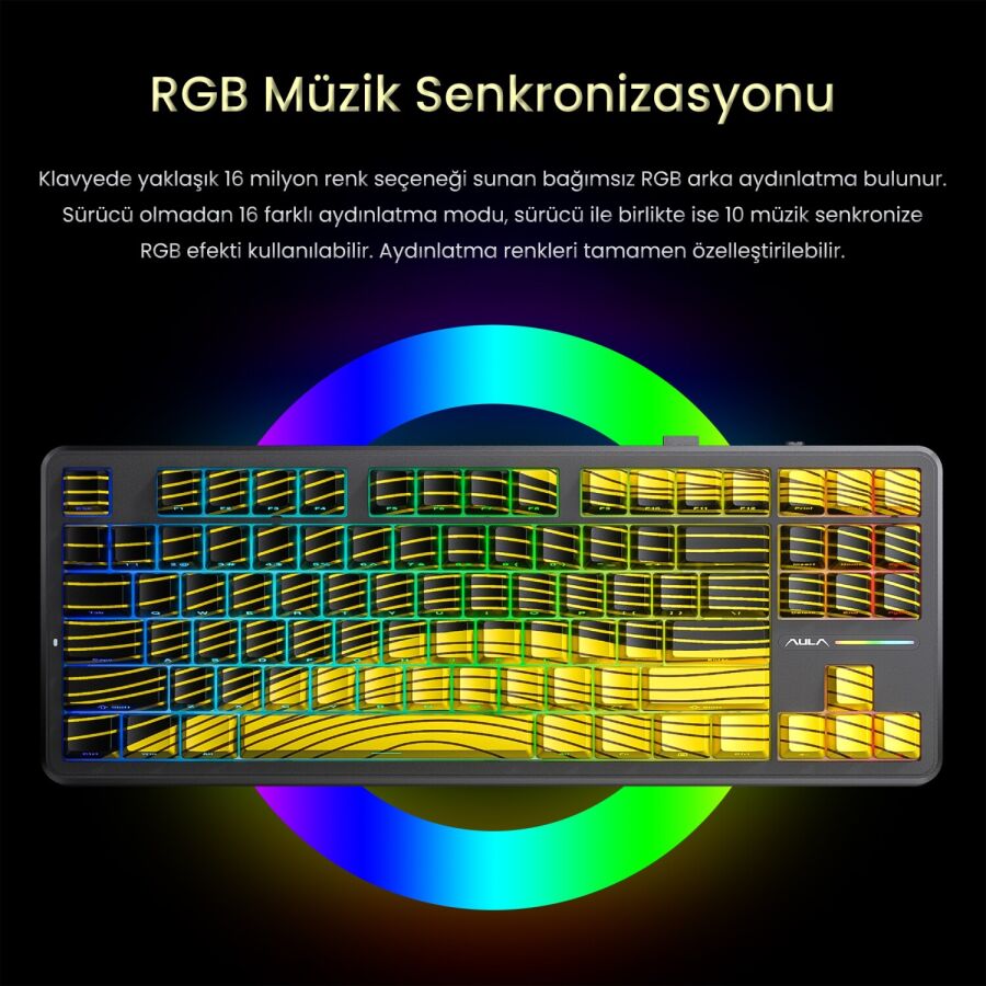 Aula F87 PRO Mekanik RGB TKL Matcha Latte Switch Kablosuz Makrolu Hot Swap Klavye Sarı - 5
