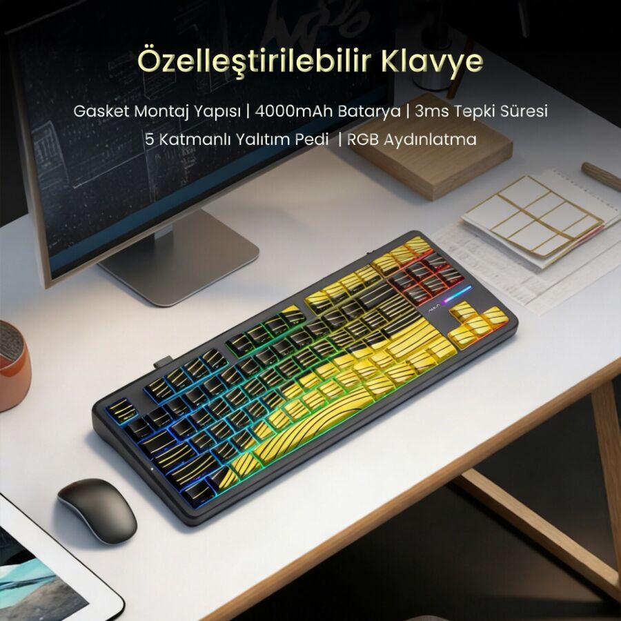 Aula F87 PRO Mekanik RGB TKL Matcha Latte Switch Kablosuz Makrolu Hot Swap Klavye Sarı - 6
