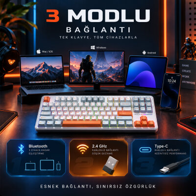 Aula F87 PRO Mekanik RGB TKL Space Golden Switch Kablosuz Makrolu Hot Swap Klavye Turuncu - 4
