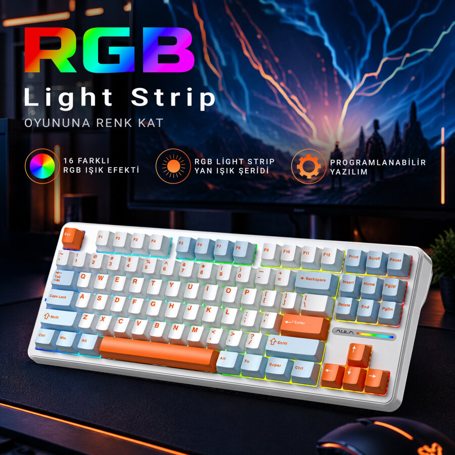 Aula F87 PRO Mekanik RGB TKL Space Golden Switch Kablosuz Makrolu Hot Swap Klavye Turuncu - 7