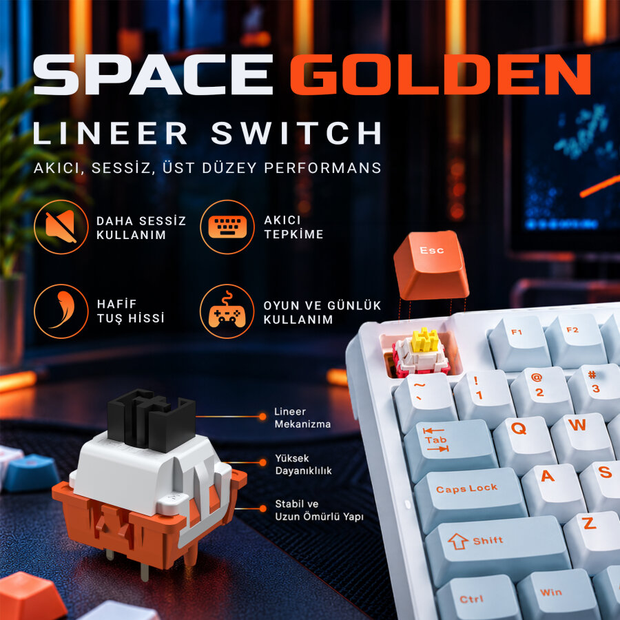 Aula F87 PRO Mekanik RGB TKL Space Golden Switch Kablosuz Makrolu Hot Swap Klavye Turuncu - 5