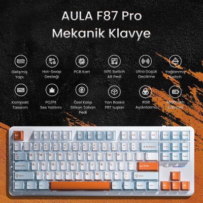 Aula F87 PRO Mekanik RGB TKL Nimbus V3 Switch Kablosuz Makrolu Hot Swap Klavye Turuncu - 2