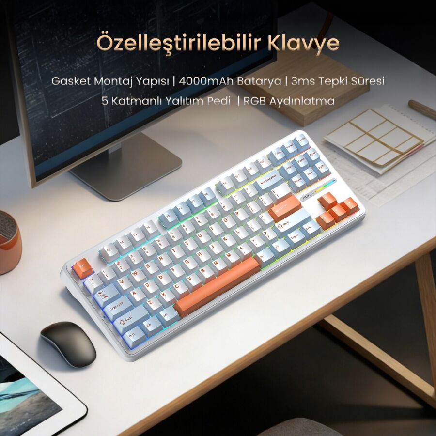Aula F87 PRO Mekanik RGB TKL Nimbus V3 Switch Kablosuz Makrolu Hot Swap Klavye Turuncu - 6
