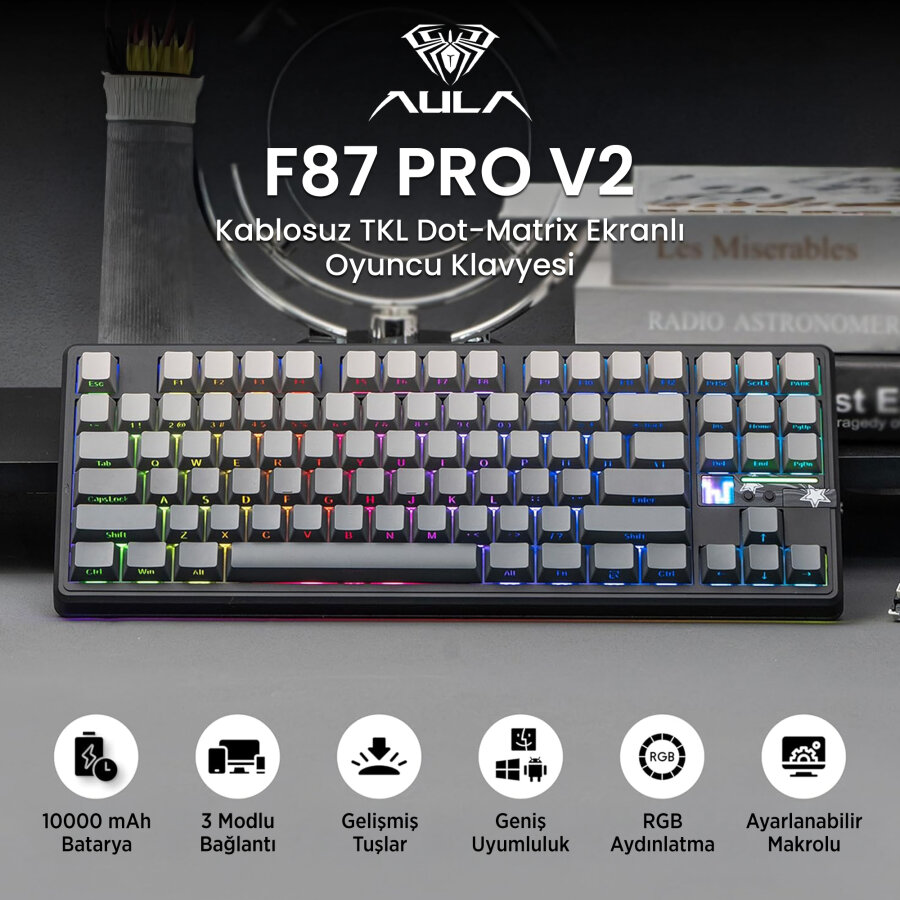 Aula F87 PRO V2 Mekanik RGB TKL GrayWood V4 Switch Kablosuz Makrolu Hot Swap Klavye Gradyan Gri - 2