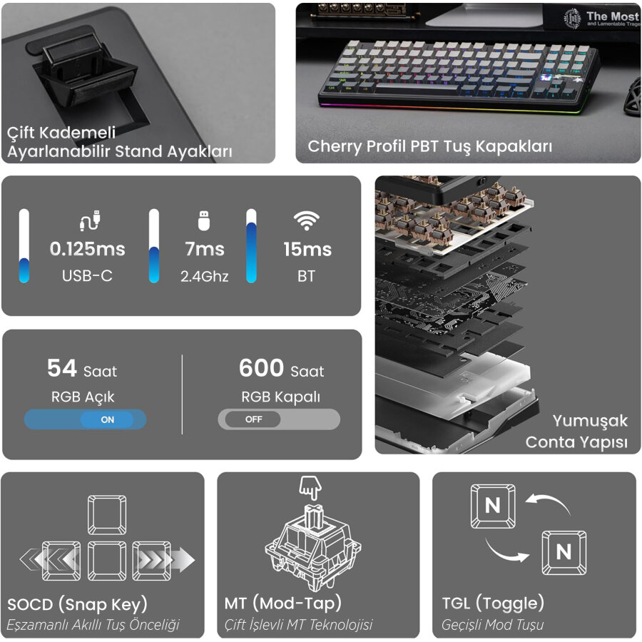 Aula F87 PRO V2 Mekanik RGB TKL GrayWood V4 Switch Kablosuz Makrolu Hot Swap Klavye Gradyan Gri - 3