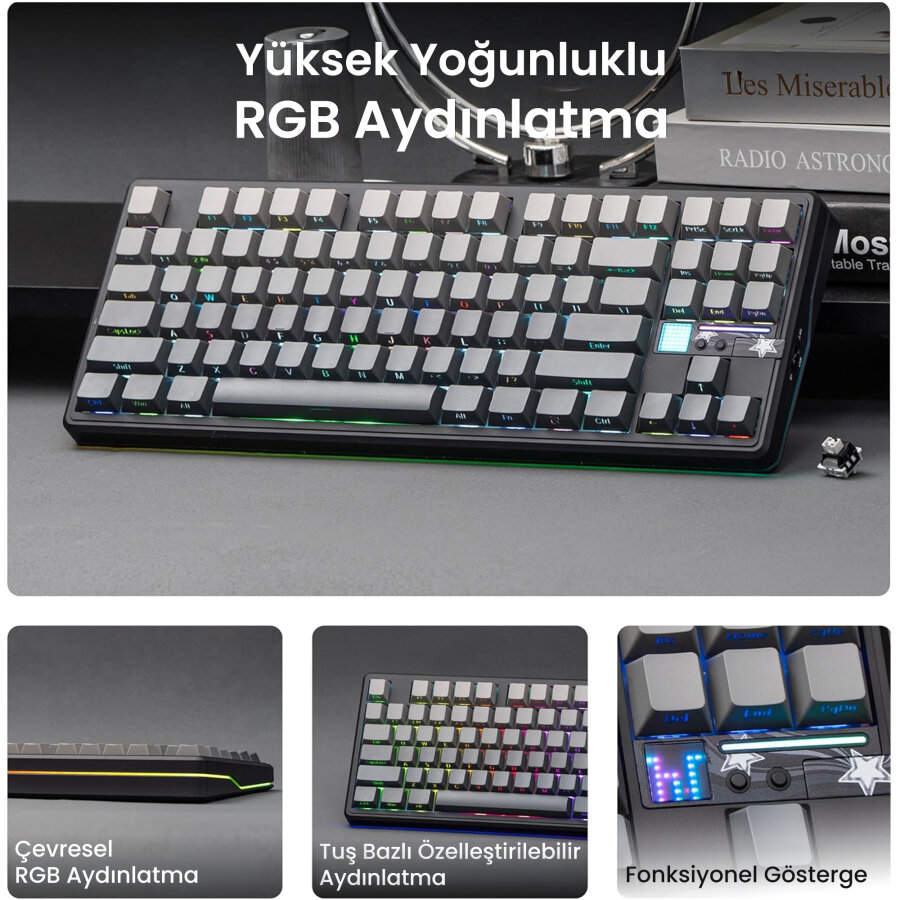 Aula F87 PRO V2 Mekanik RGB TKL GrayWood V4 Switch Kablosuz Makrolu Hot Swap Klavye Gradyan Gri - 4