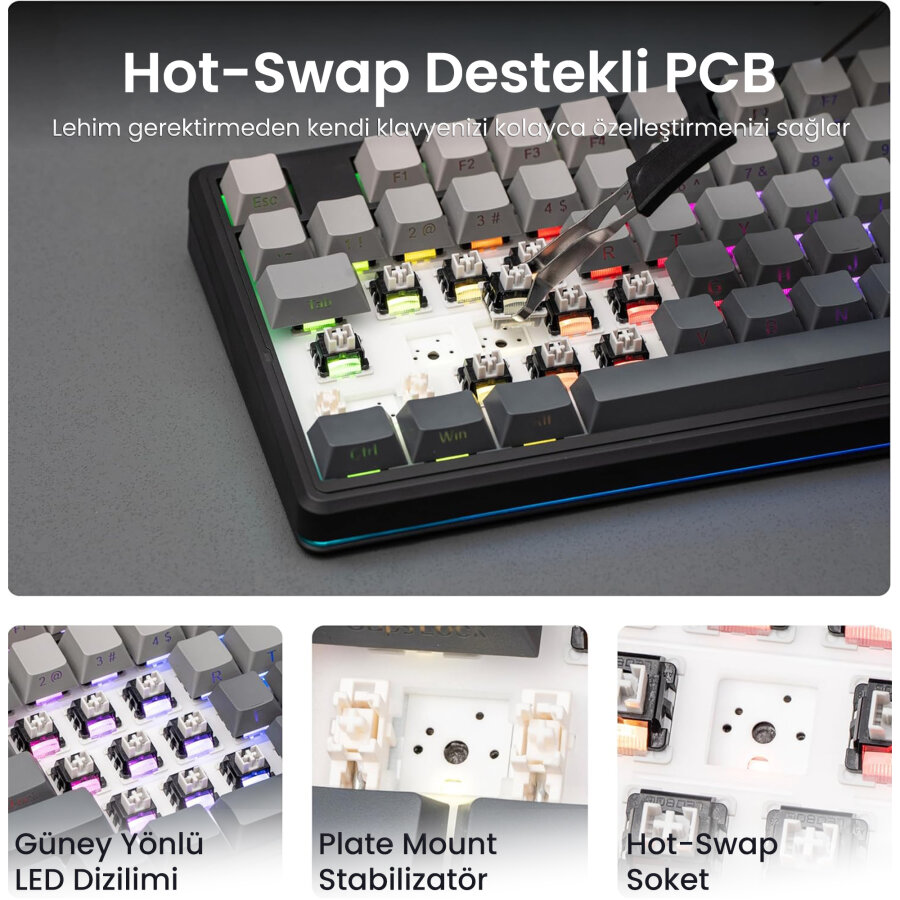 Aula F87 PRO V2 Mekanik RGB TKL GrayWood V4 Switch Kablosuz Makrolu Hot Swap Klavye Gradyan Gri - 5