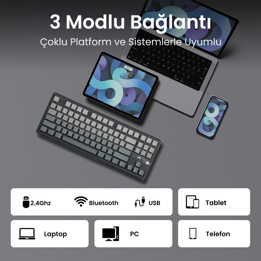 Aula F87 PRO V2 Mekanik RGB TKL GrayWood V4 Switch Kablosuz Makrolu Hot Swap Klavye Gradyan Gri - 6