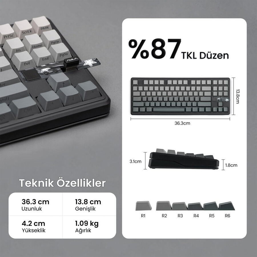 Aula F87 PRO V2 Mekanik RGB TKL GrayWood V4 Switch Kablosuz Makrolu Hot Swap Klavye Gradyan Gri - 7