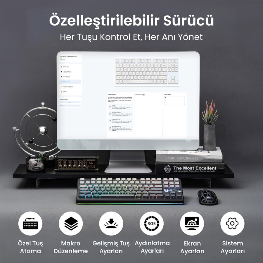 Aula F87 PRO V2 Mekanik RGB TKL GrayWood V4 Switch Kablosuz Makrolu Hot Swap Klavye Gradyan Gri - 8