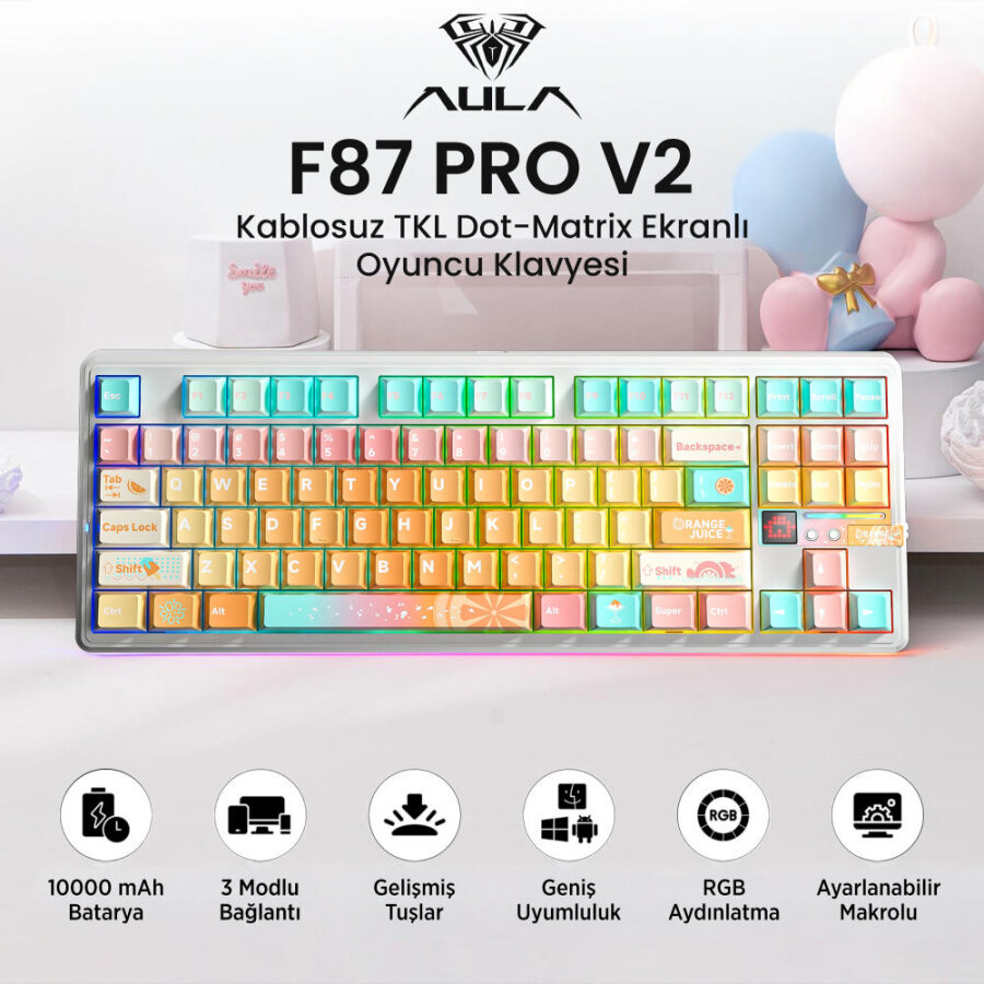 Aula F87 PRO V2 Mekanik RGB TKL Meteor Ice Cream Switch Kablosuz Makrolu Hot Swap Klavye Orange Juice - 2