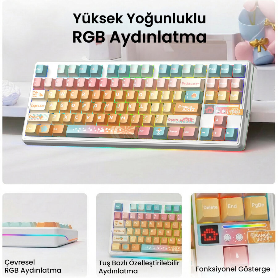 Aula F87 PRO V2 Mekanik RGB TKL Meteor Ice Cream Switch Kablosuz Makrolu Hot Swap Klavye Orange Juice - 4