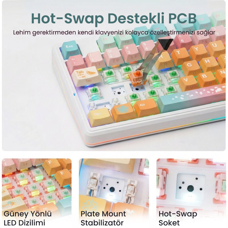 Aula F87 PRO V2 Mekanik RGB TKL Meteor Ice Cream Switch Kablosuz Makrolu Hot Swap Klavye Orange Juice - 5