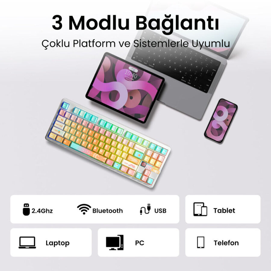 Aula F87 PRO V2 Mekanik RGB TKL Meteor Ice Cream Switch Kablosuz Makrolu Hot Swap Klavye Orange Juice - 6