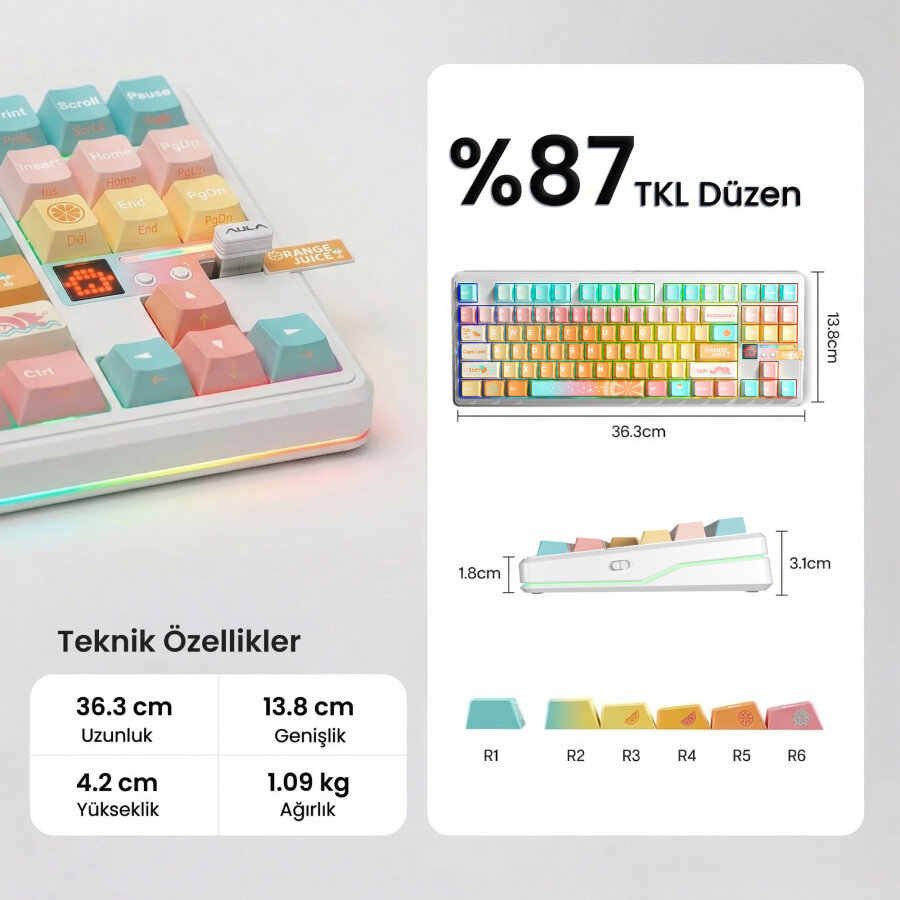 Aula F87 PRO V2 Mekanik RGB TKL Meteor Ice Cream Switch Kablosuz Makrolu Hot Swap Klavye Orange Juice - 7