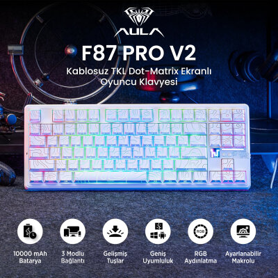 Aula F87 PRO V2 Mekanik RGB TKL Star Vector Switch Kablosuz Makrolu Hot Swap Klavye Desenli Beyaz - 2