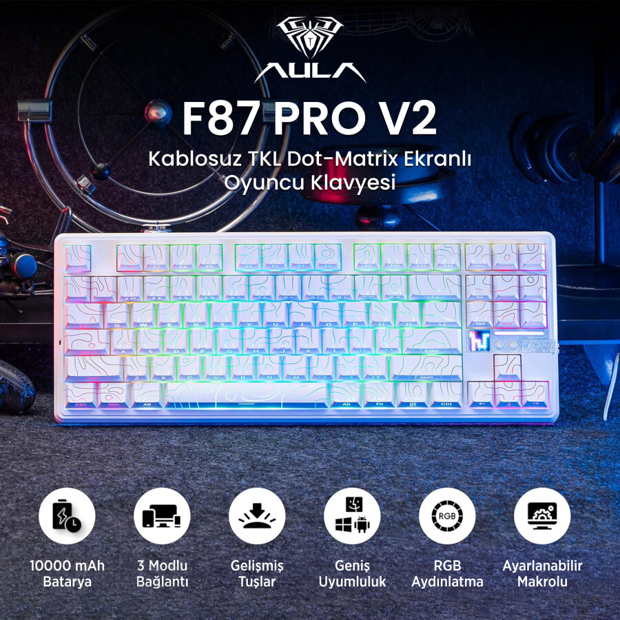 Aula F87 PRO V2 Mekanik RGB TKL Star Vector Switch Kablosuz Makrolu Hot Swap Klavye Desenli Beyaz - 2