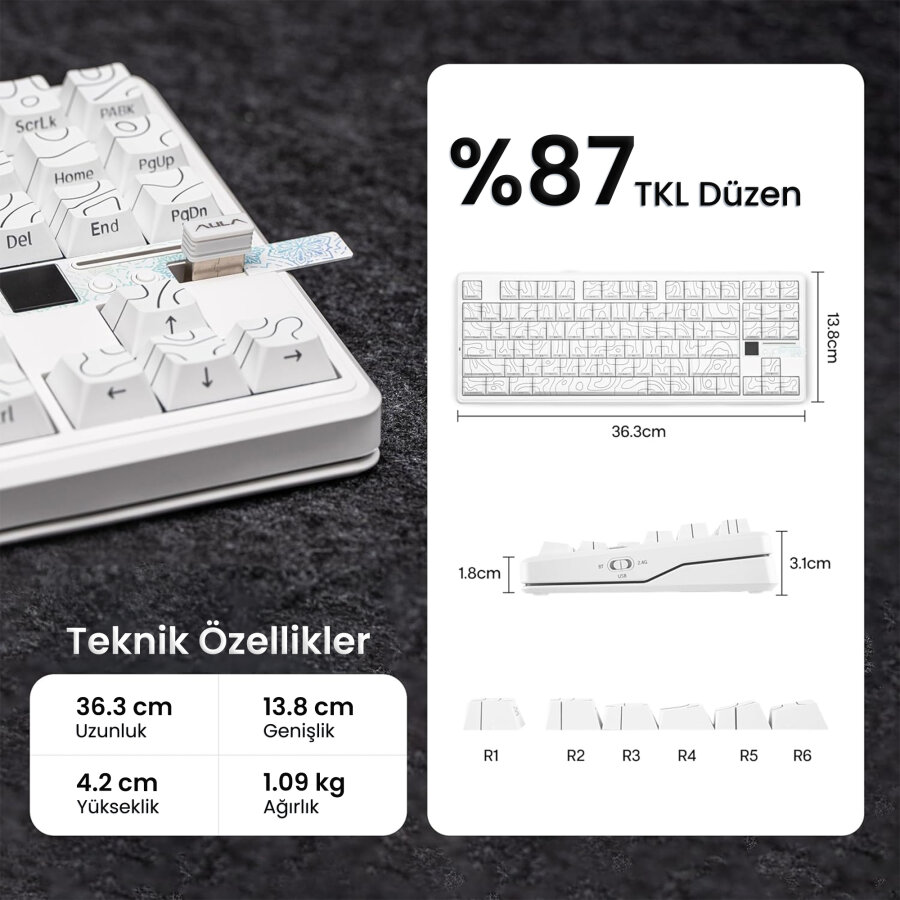 Aula F87 PRO V2 Mekanik RGB TKL Star Vector Switch Kablosuz Makrolu Hot Swap Klavye Desenli Beyaz - 7