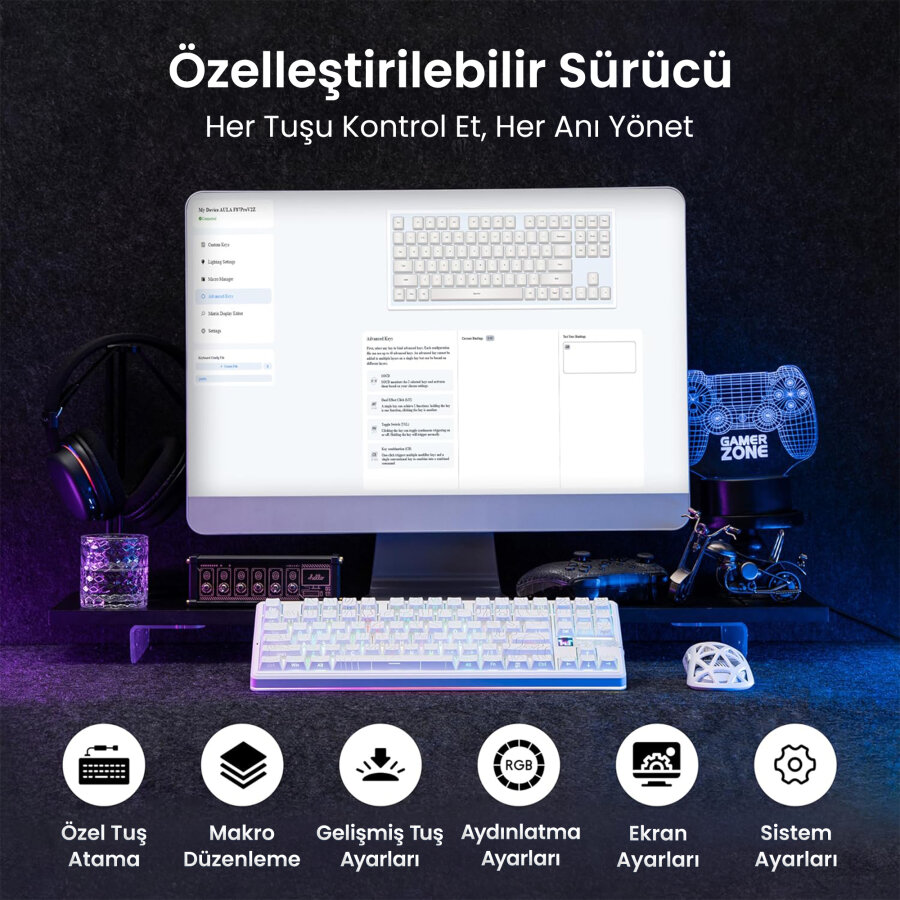 Aula F87 PRO V2 Mekanik RGB TKL Star Vector Switch Kablosuz Makrolu Hot Swap Klavye Desenli Beyaz - 8